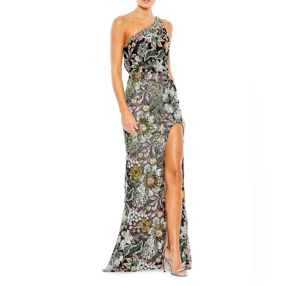 New Mac Dougal one shoulder sequin black long cocktail dress size 2 XSmall